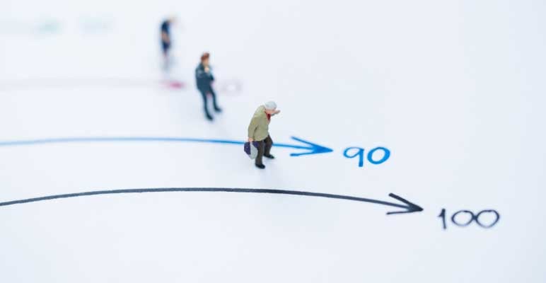 Photograph of small, old women figurines standing on different arrows intended to represent age that are pointing to the numbers 100, 90, 80, etc.